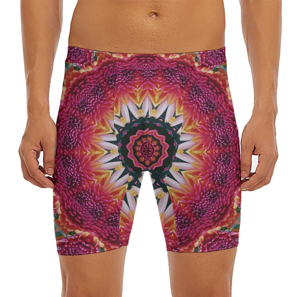 Pink Flower Kaleidoscope Print Men's Long Boxer Briefs