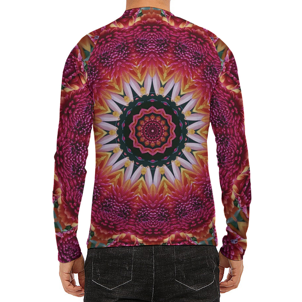Pink Flower Kaleidoscope Print Men's Long Sleeve Rash Guard
