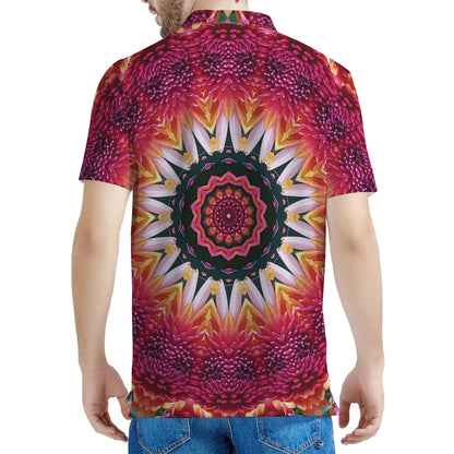 Pink Flower Kaleidoscope Print Men's Polo Shirt