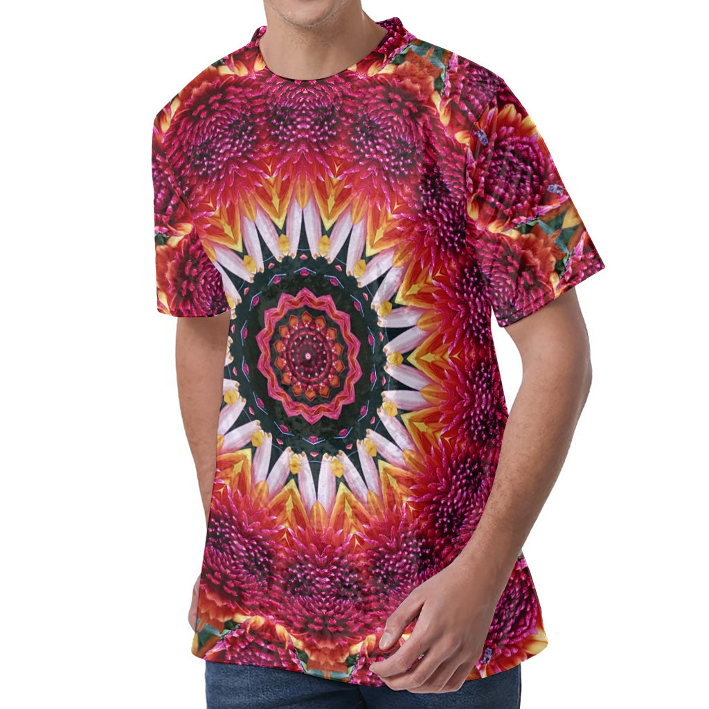 Pink Flower Kaleidoscope Print Men's Velvet T-Shirt