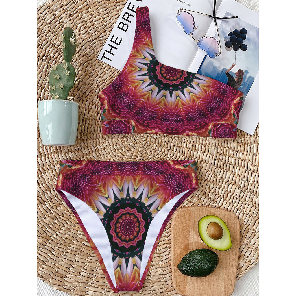 Pink Flower Kaleidoscope Print One Shoulder Bikini Top