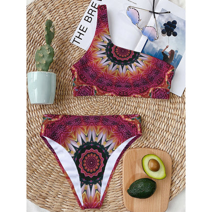 Pink Flower Kaleidoscope Print One Shoulder Bikini Top