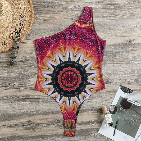 Pink Flower Kaleidoscope Print One Shoulder Bodysuit