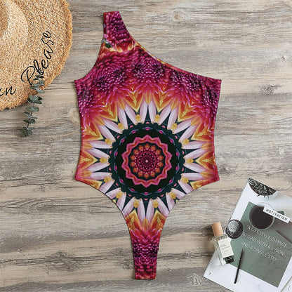 Pink Flower Kaleidoscope Print One Shoulder Bodysuit