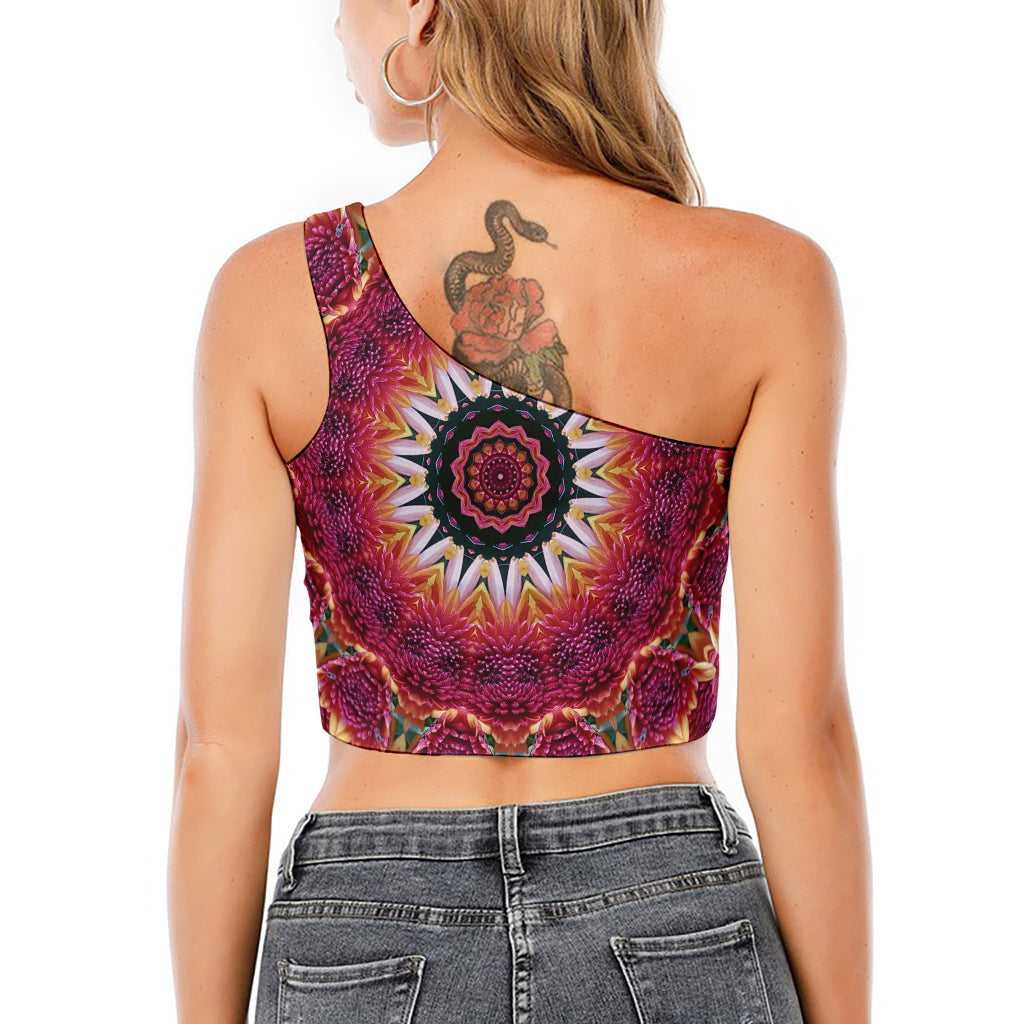 Pink Flower Kaleidoscope Print One Shoulder Crop Top