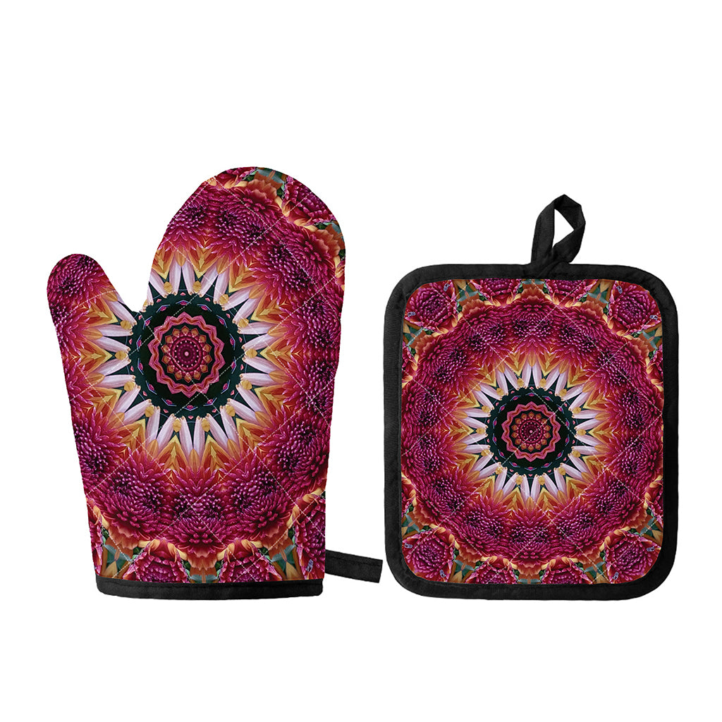Pink Flower Kaleidoscope Print Oven Mitt And Pot Holder Set