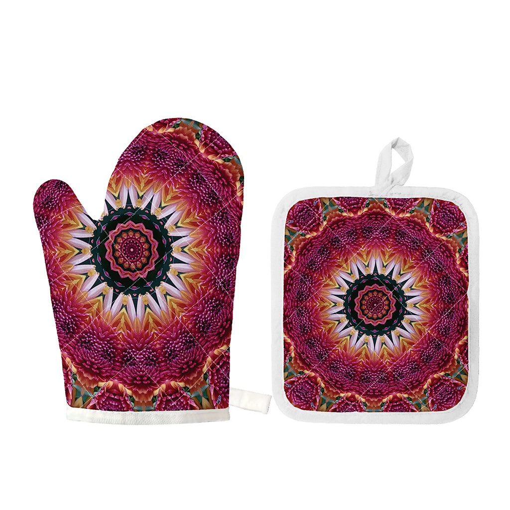 Pink Flower Kaleidoscope Print Oven Mitt And Pot Holder Set
