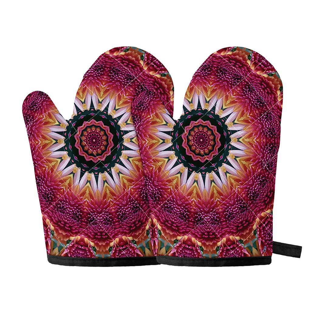 Pink Flower Kaleidoscope Print Oven Mitts