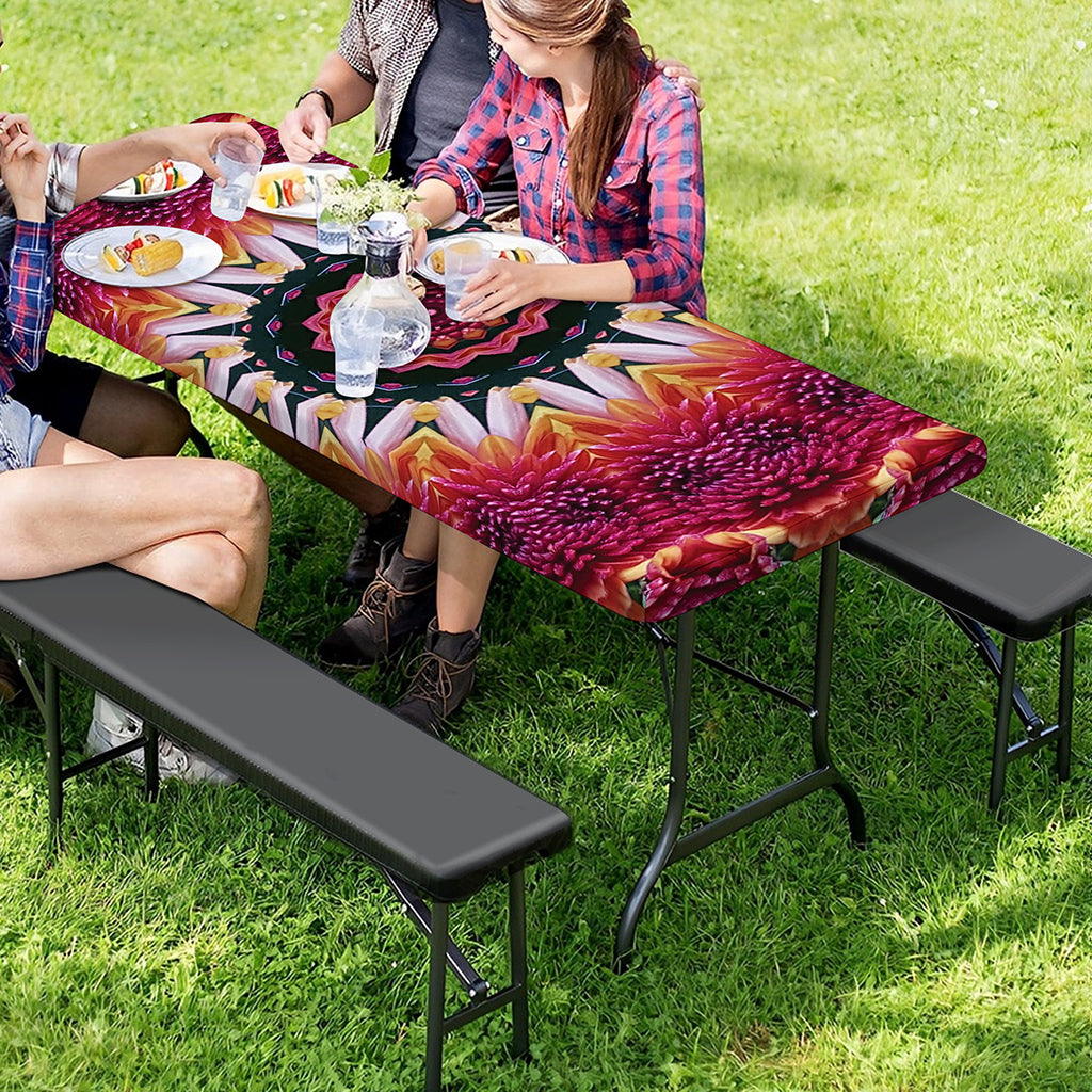 Pink Flower Kaleidoscope Print Picnic Table Cover