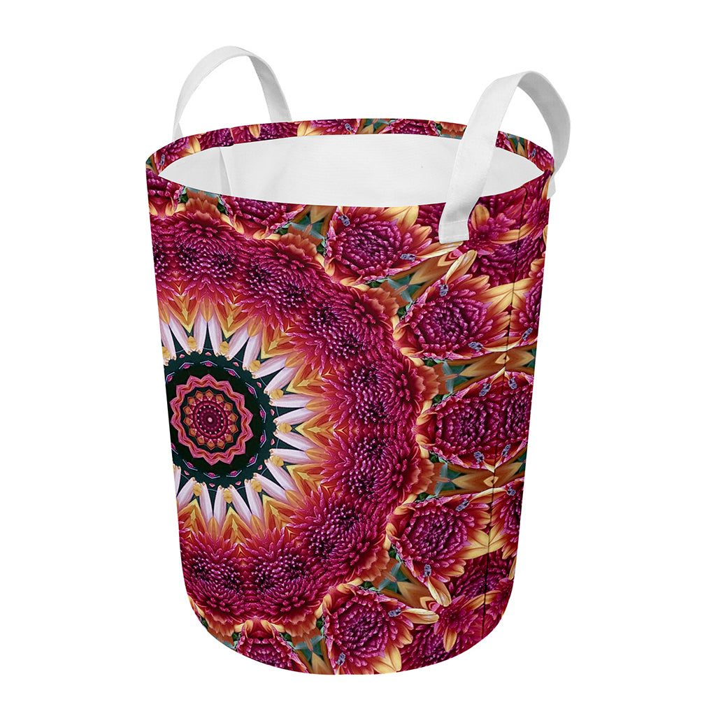 Pink Flower Kaleidoscope Print Round Laundry Basket