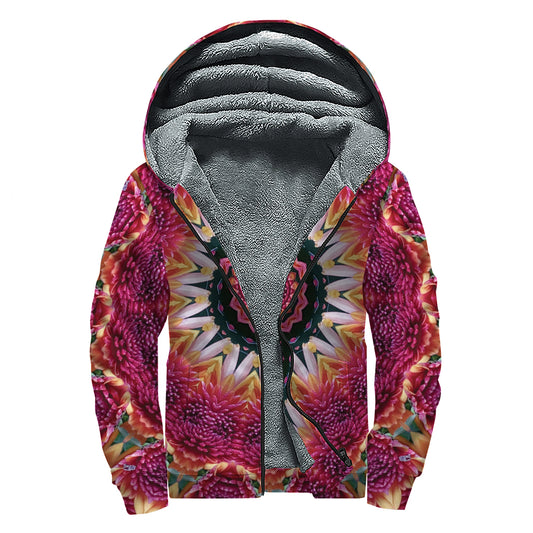 Pink Flower Kaleidoscope Print Sherpa Lined Zip Up Hoodie