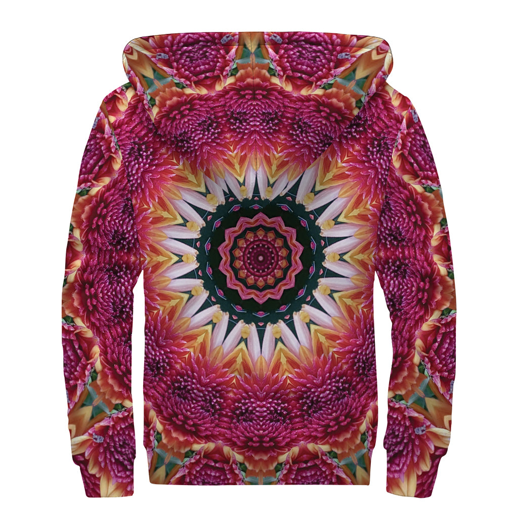 Pink Flower Kaleidoscope Print Sherpa Lined Zip Up Hoodie