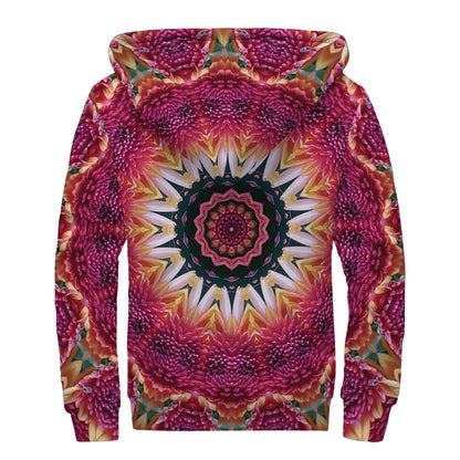 Pink Flower Kaleidoscope Print Sherpa Lined Zip Up Hoodie