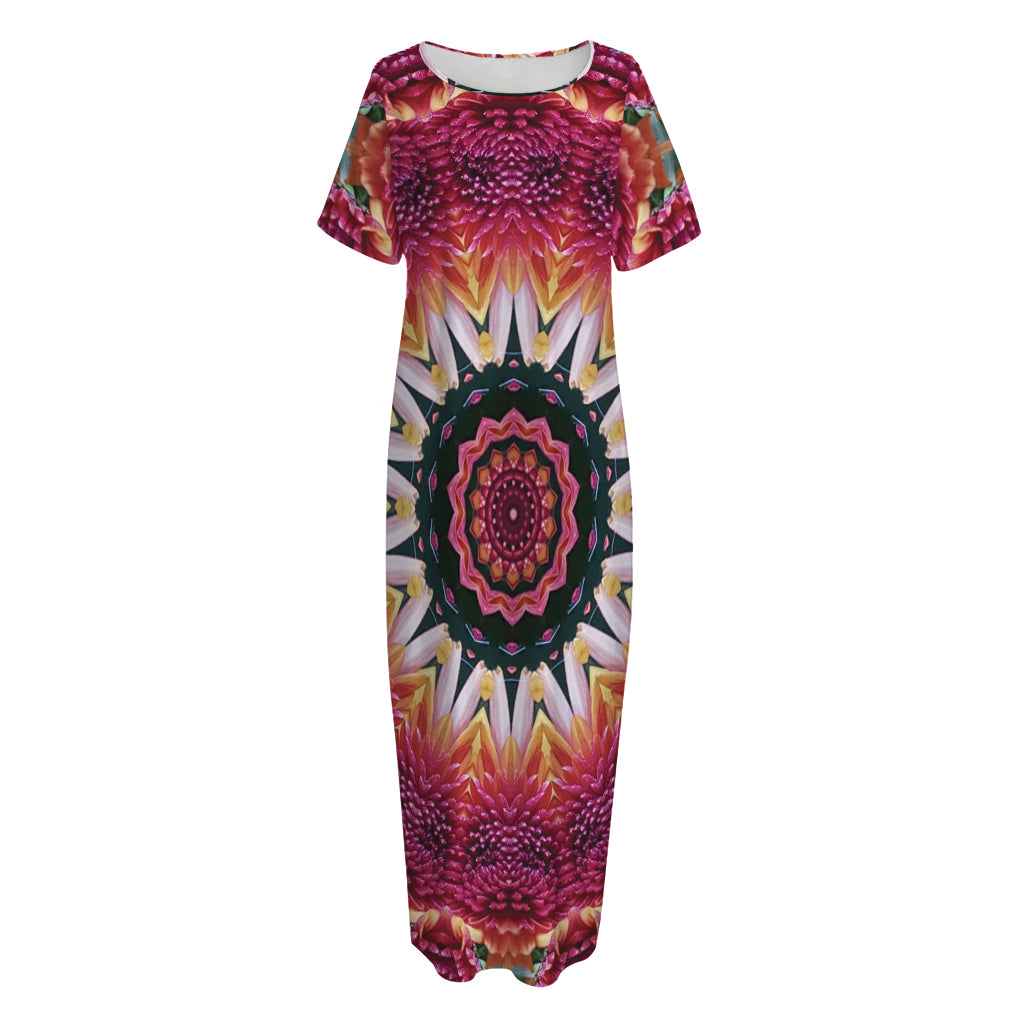 Pink Flower Kaleidoscope Print Short Sleeve Long Nightdress