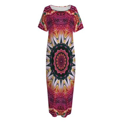 Pink Flower Kaleidoscope Print Short Sleeve Long Nightdress