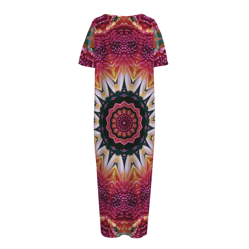 Pink Flower Kaleidoscope Print Short Sleeve Long Nightdress
