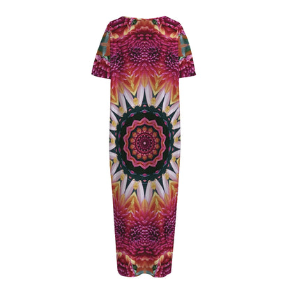 Pink Flower Kaleidoscope Print Short Sleeve Long Nightdress