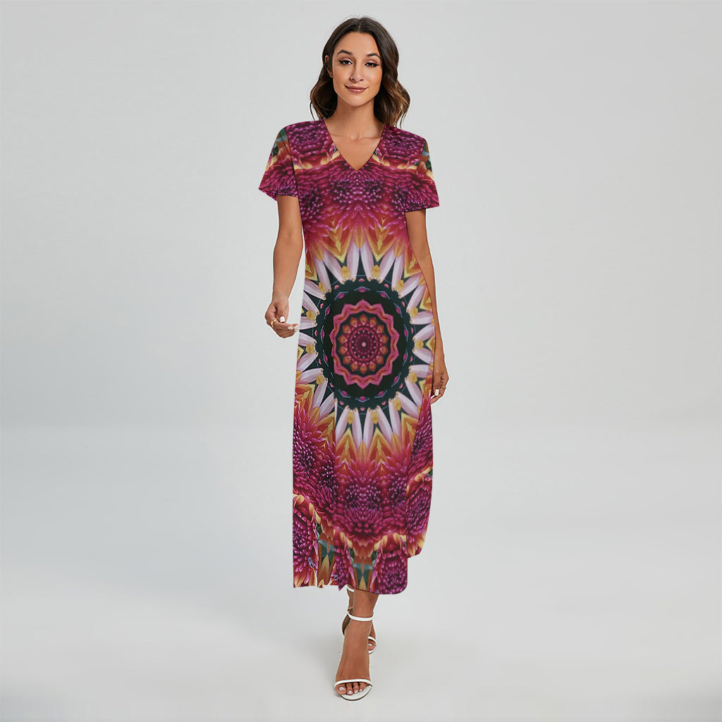 Pink Flower Kaleidoscope Print Short Sleeve Maxi Dress