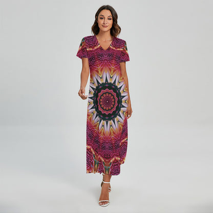 Pink Flower Kaleidoscope Print Short Sleeve Maxi Dress