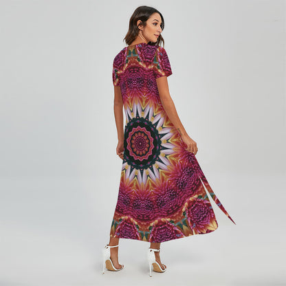 Pink Flower Kaleidoscope Print Short Sleeve Maxi Dress