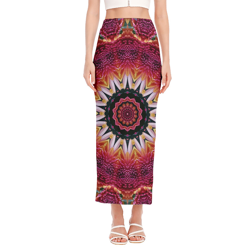 Pink Flower Kaleidoscope Print Side Slit Maxi Skirt