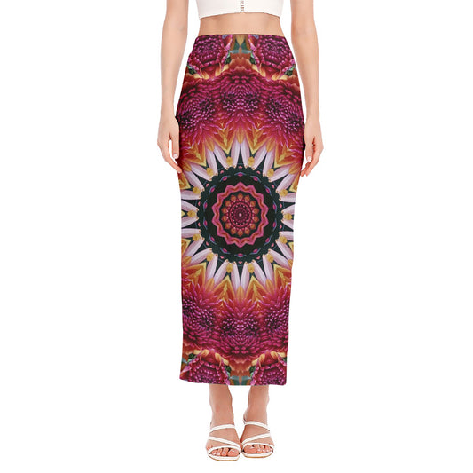 Pink Flower Kaleidoscope Print Side Slit Maxi Skirt