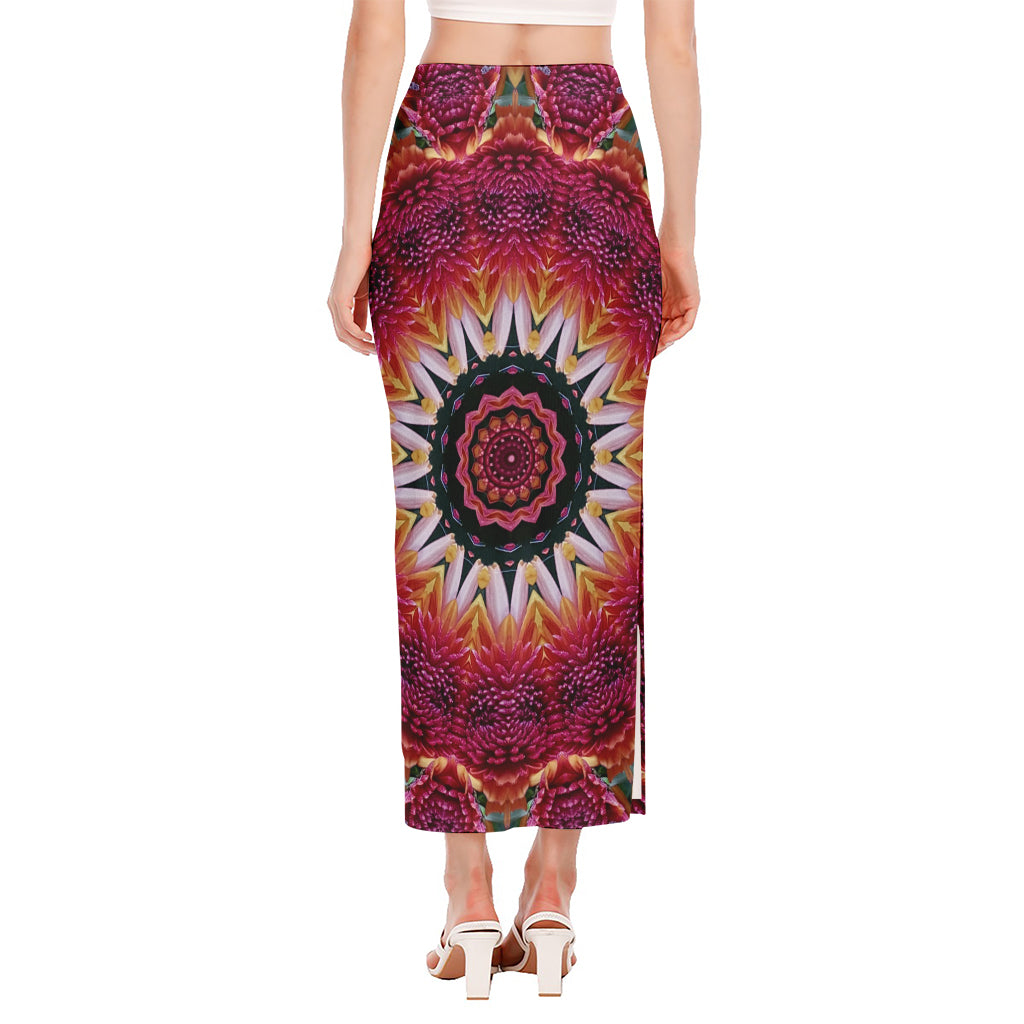 Pink Flower Kaleidoscope Print Side Slit Maxi Skirt