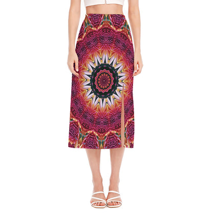 Pink Flower Kaleidoscope Print Side Slit Midi Skirt