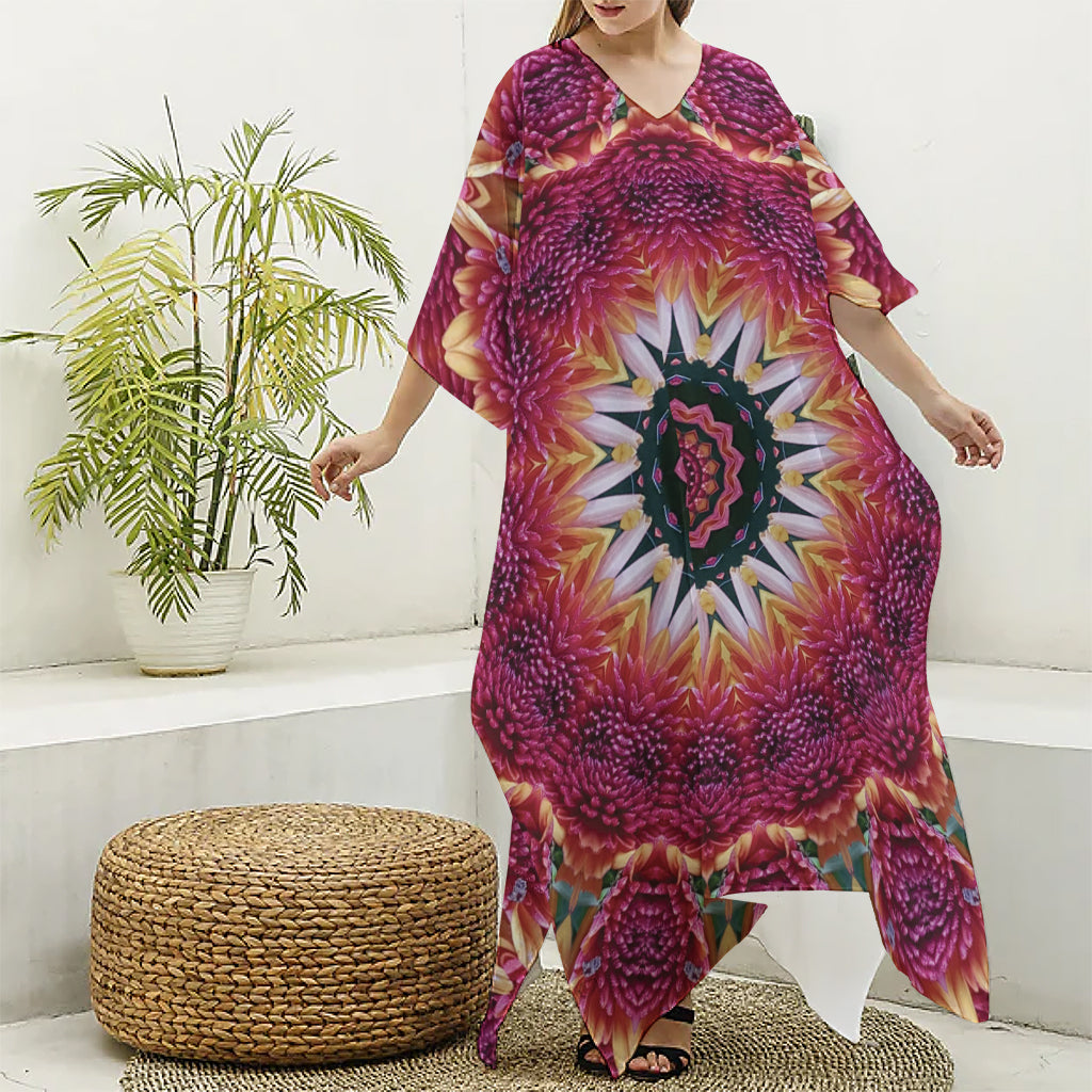 Pink Flower Kaleidoscope Print Silk V-Neck Kaftan Dress