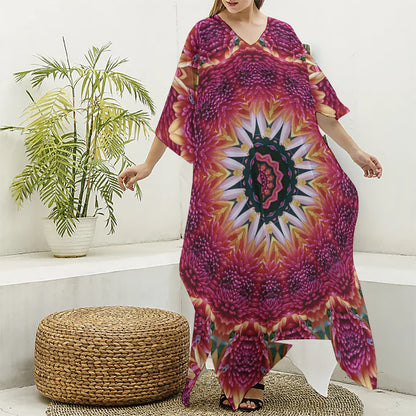 Pink Flower Kaleidoscope Print Silk V-Neck Kaftan Dress