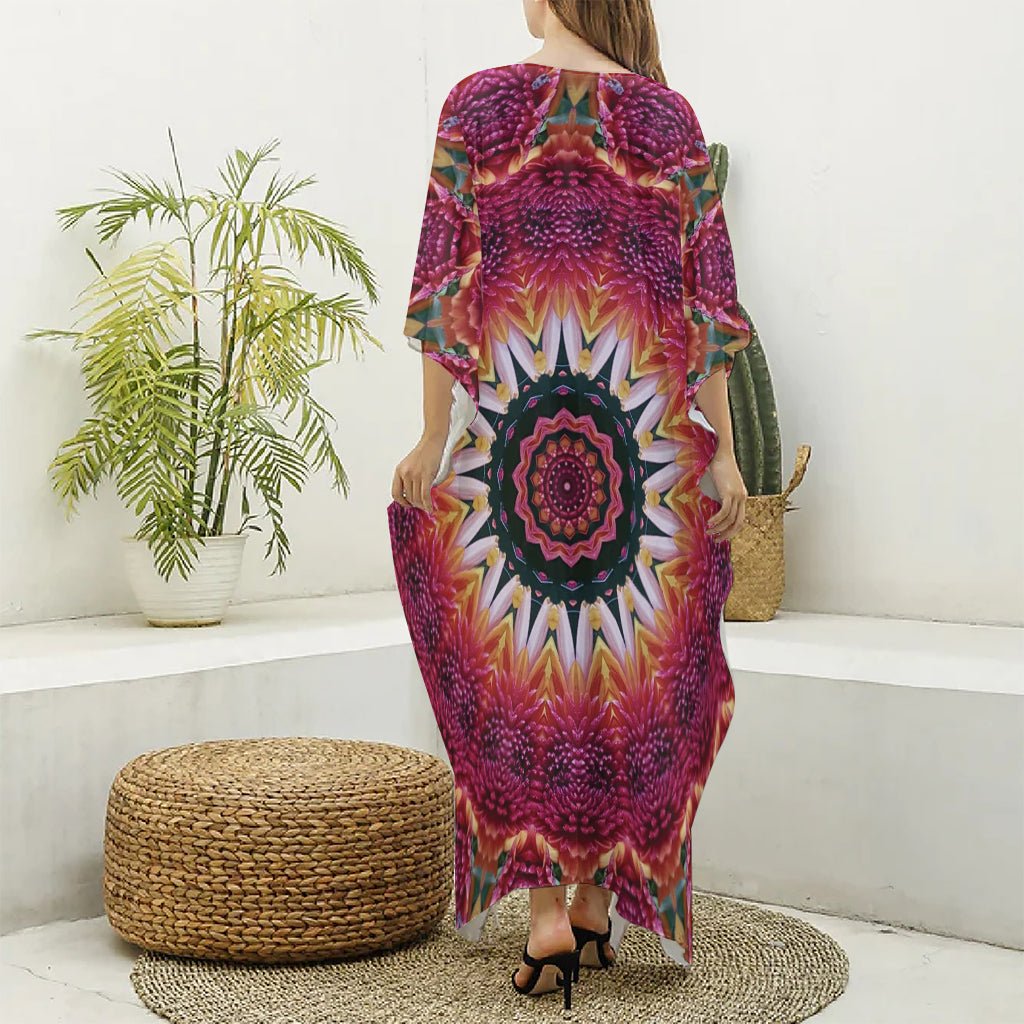 Pink Flower Kaleidoscope Print Silk V-Neck Kaftan Dress