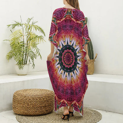Pink Flower Kaleidoscope Print Silk V-Neck Kaftan Dress