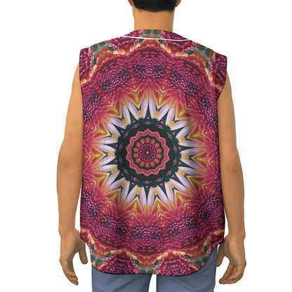 Pink Flower Kaleidoscope Print Sleeveless Baseball Jersey