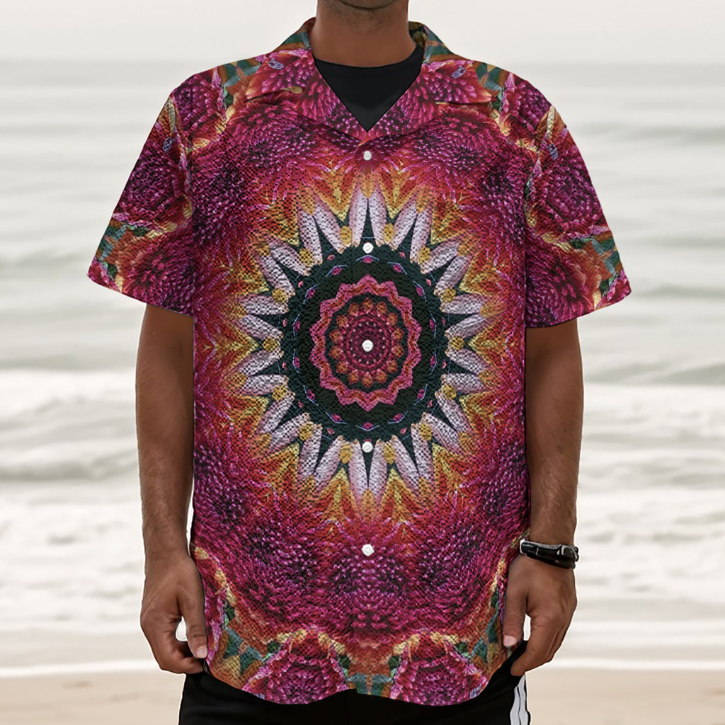 Pink Flower Kaleidoscope Print Textured Short Sleeve Shirt