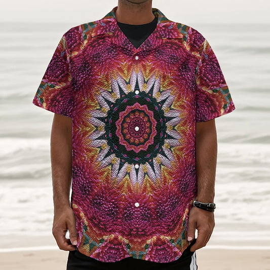 Pink Flower Kaleidoscope Print Textured Short Sleeve Shirt