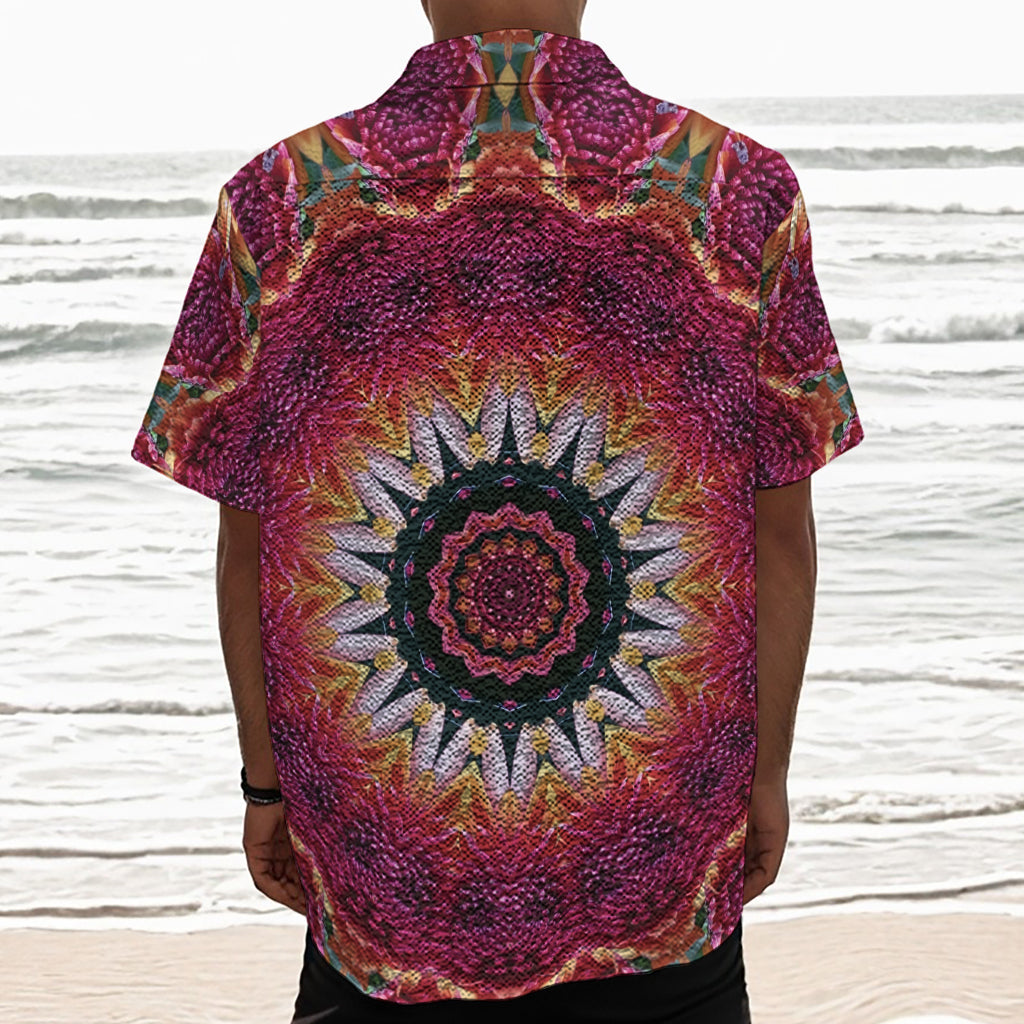 Pink Flower Kaleidoscope Print Textured Short Sleeve Shirt