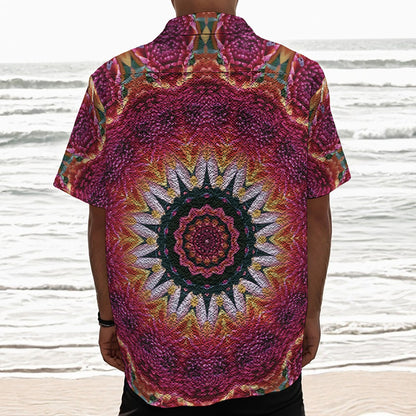 Pink Flower Kaleidoscope Print Textured Short Sleeve Shirt