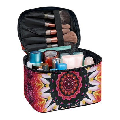 Pink Flower Kaleidoscope Print Travel Makeup Bag