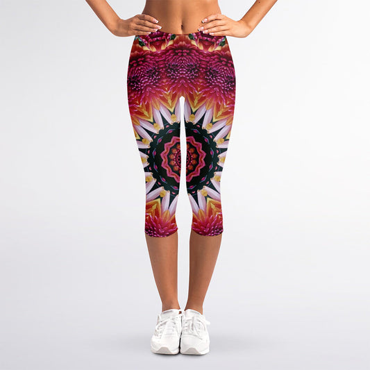 Pink Flower Kaleidoscope Print Women's Capri Leggings