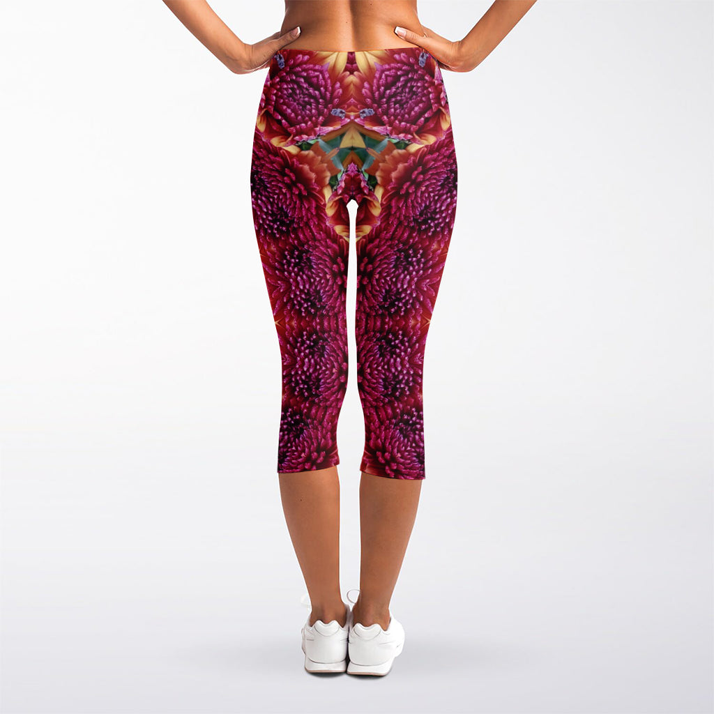 Pink Flower Kaleidoscope Print Women's Capri Leggings