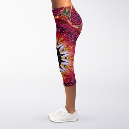 Pink Flower Kaleidoscope Print Women's Capri Leggings