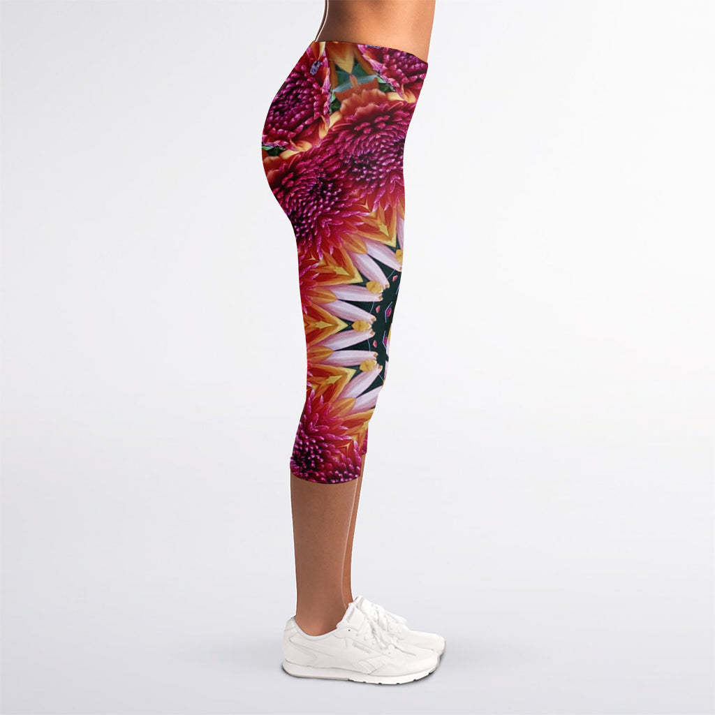 Pink Flower Kaleidoscope Print Women's Capri Leggings