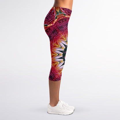 Pink Flower Kaleidoscope Print Women's Capri Leggings