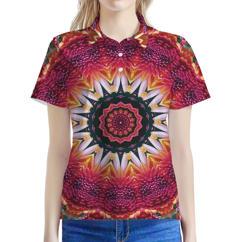 Pink Flower Kaleidoscope Print Women's Polo Shirt