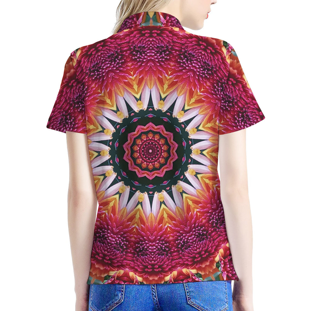 Pink Flower Kaleidoscope Print Women's Polo Shirt