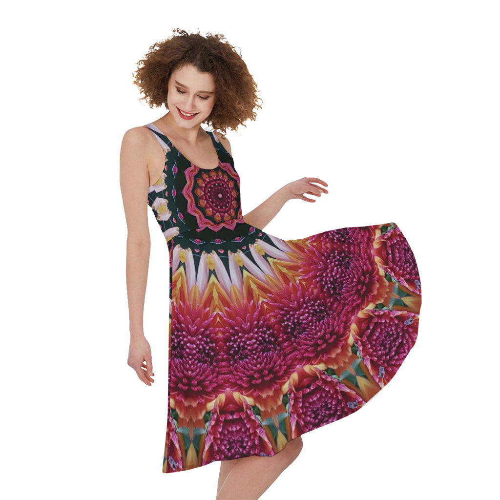 Pink Flower Kaleidoscope Print Women's Sleeveless Dress