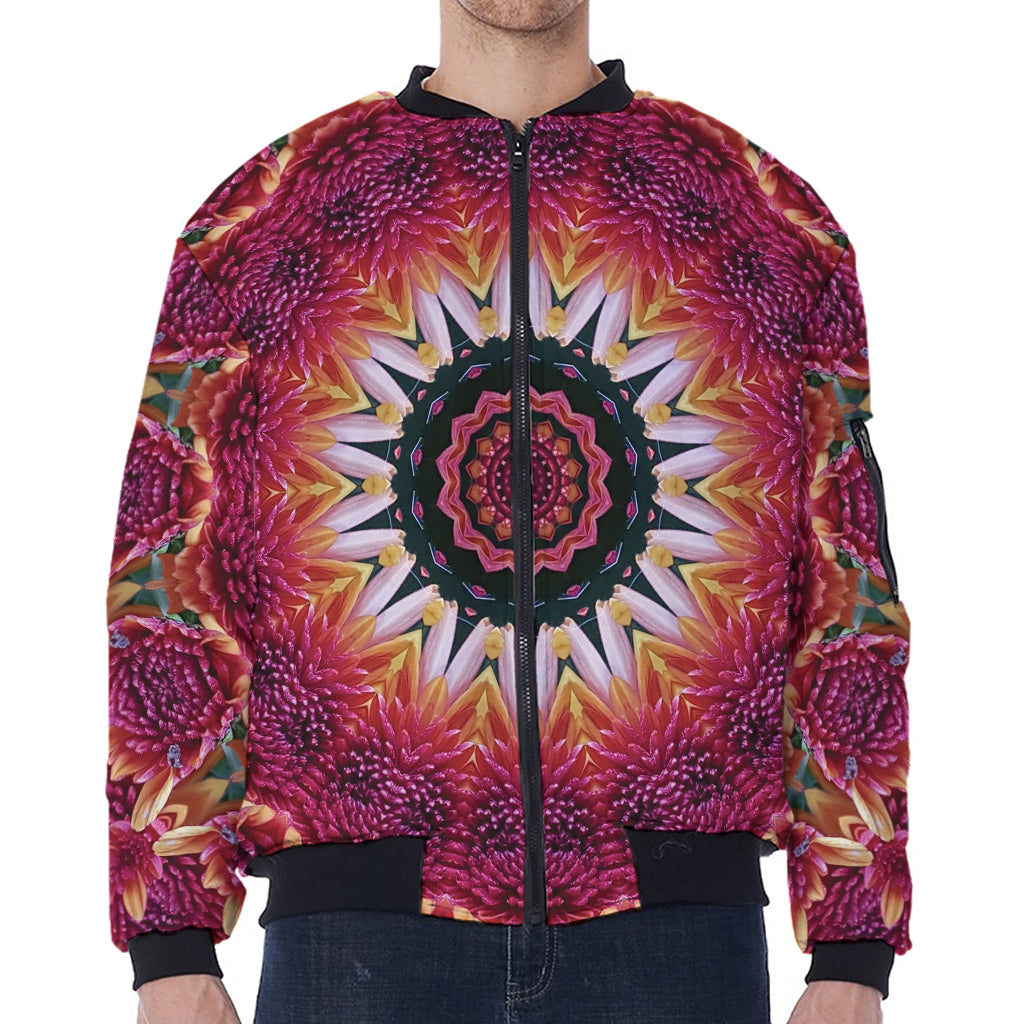 Pink Flower Kaleidoscope Print Zip Sleeve Bomber Jacket
