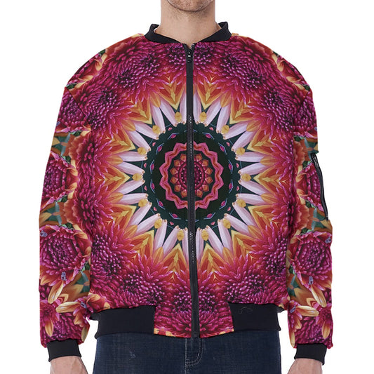 Pink Flower Kaleidoscope Print Zip Sleeve Bomber Jacket