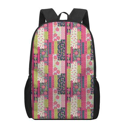 Pink Flower Patchwork Pattern Print 17 Inch Backpack