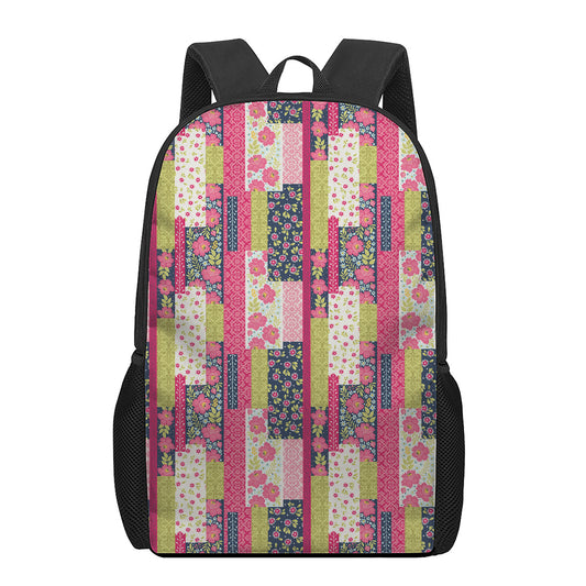 Pink Flower Patchwork Pattern Print 17 Inch Backpack